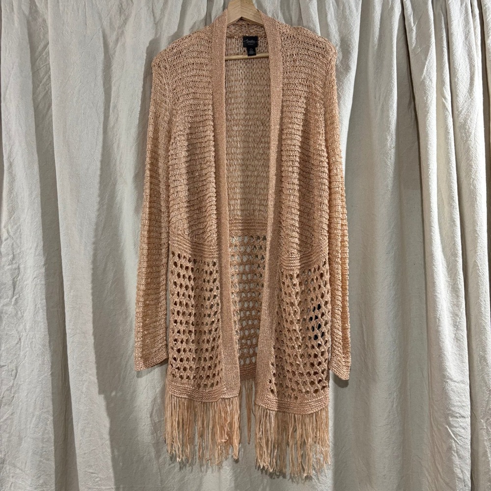 Chico's Travelers Metallic Crochet Fringe Open Front Cardigan Peach Sz 0 S